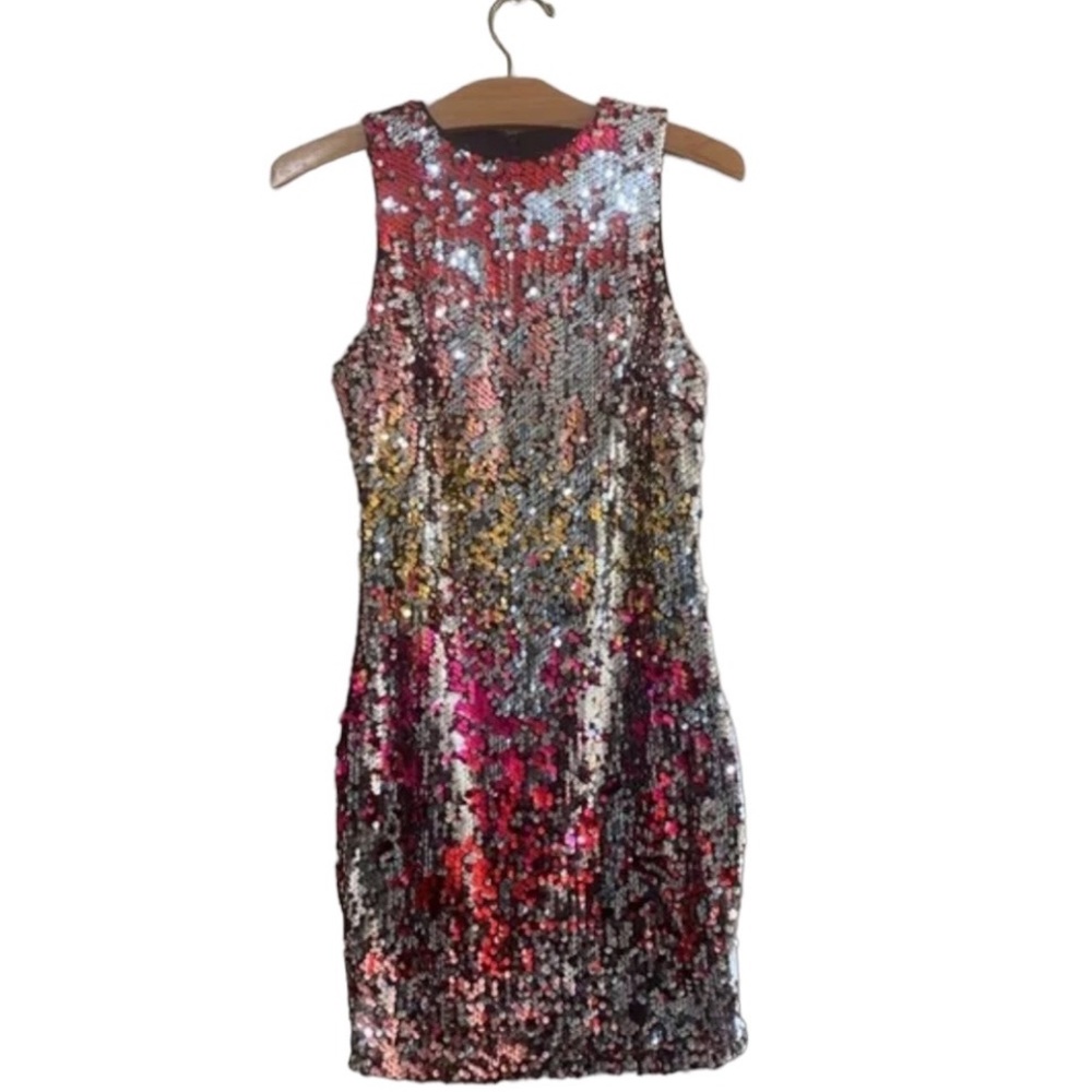 Pink Red Silver Gold Sequin Mini Dress | Size Large